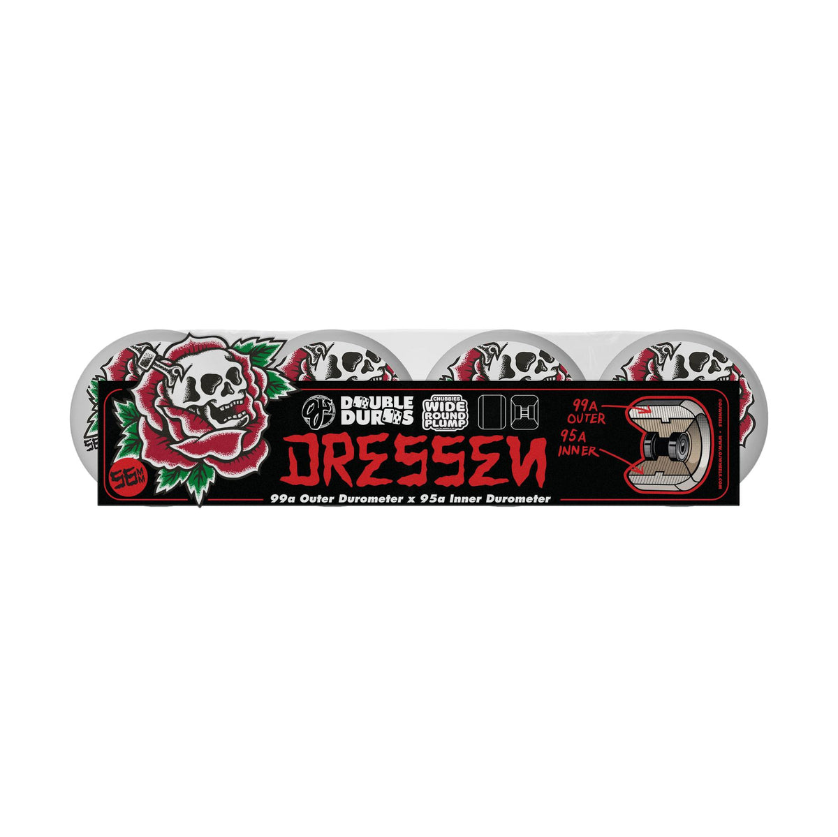 OJ Dressen Rose Skull Double Duro 56mm Wheels White/Black Chubbies 99a/95a - Venue Skateboards