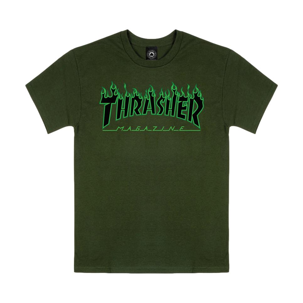 Thrasher Flame Logo T-Shirt Green/Black - Venue Skateboards