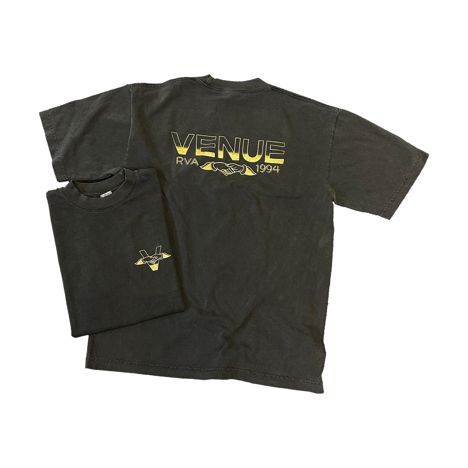 Venue Handshake Logo T-Shirt Vintage Black w/Gold - Venue Skateboards
