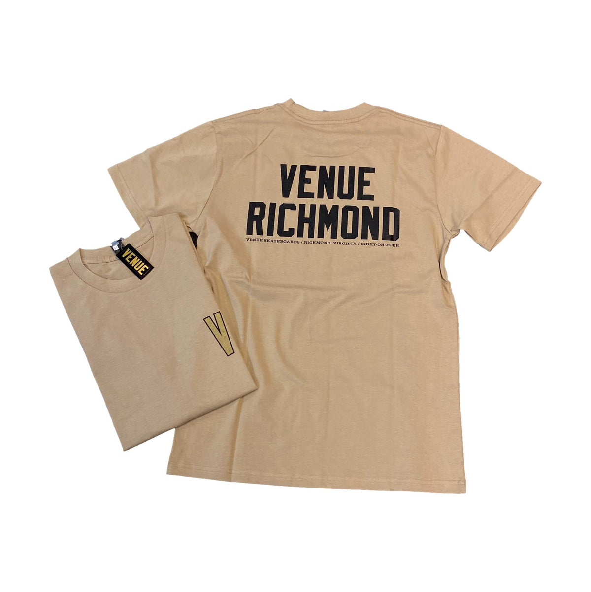 Venue &quot;Venue Richmond&quot; T-Shirt Khaki w/Gold Front V - Venue Skateboards
