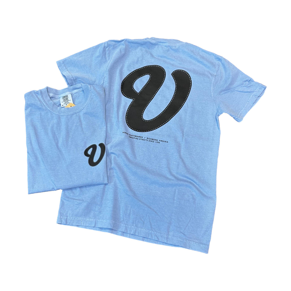 Venue Cursive Logo T-Shirt Washed Denim/Black - Venue Skateboards