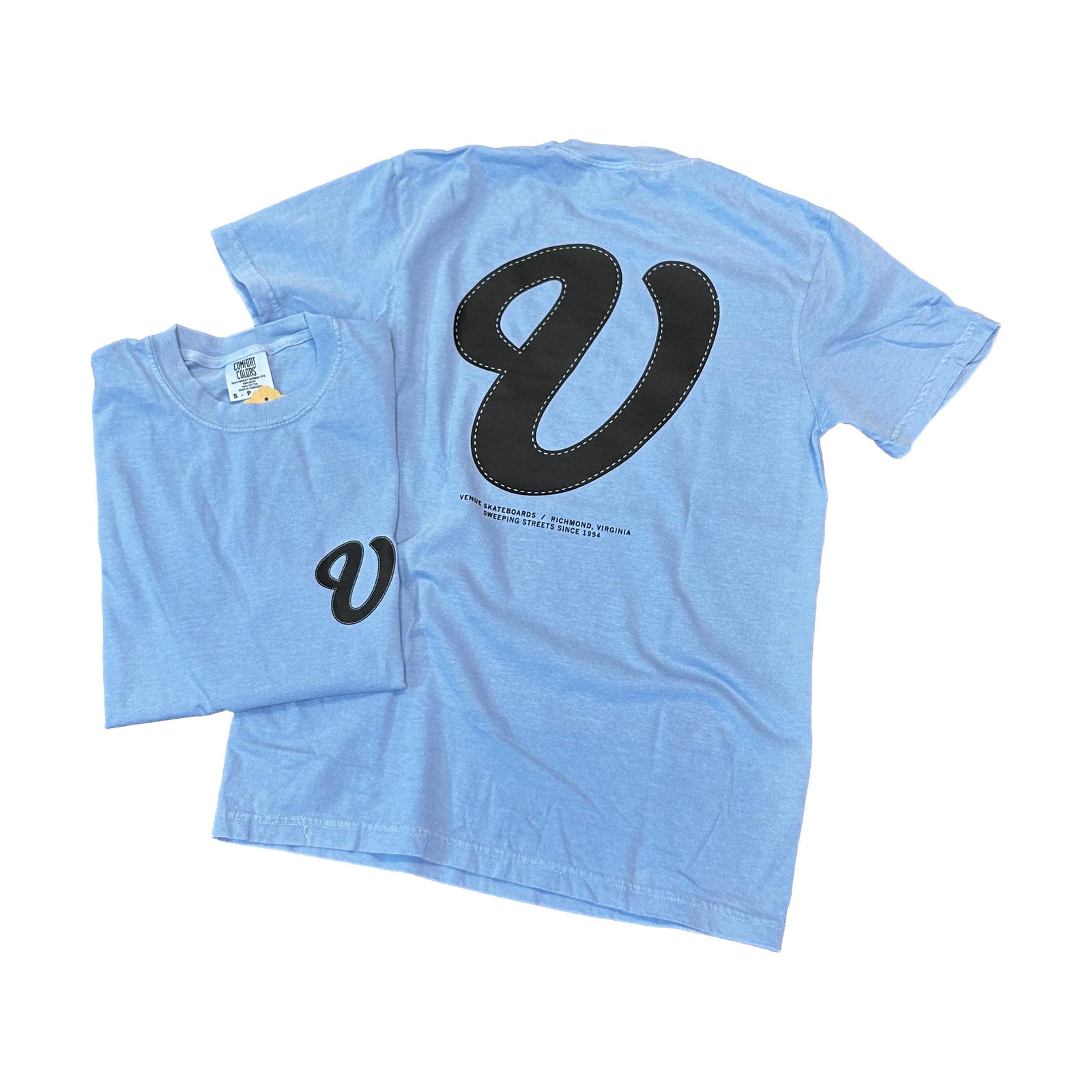 Venue Cursive Logo T-Shirt Washed Denim/Black - Venue Skateboards