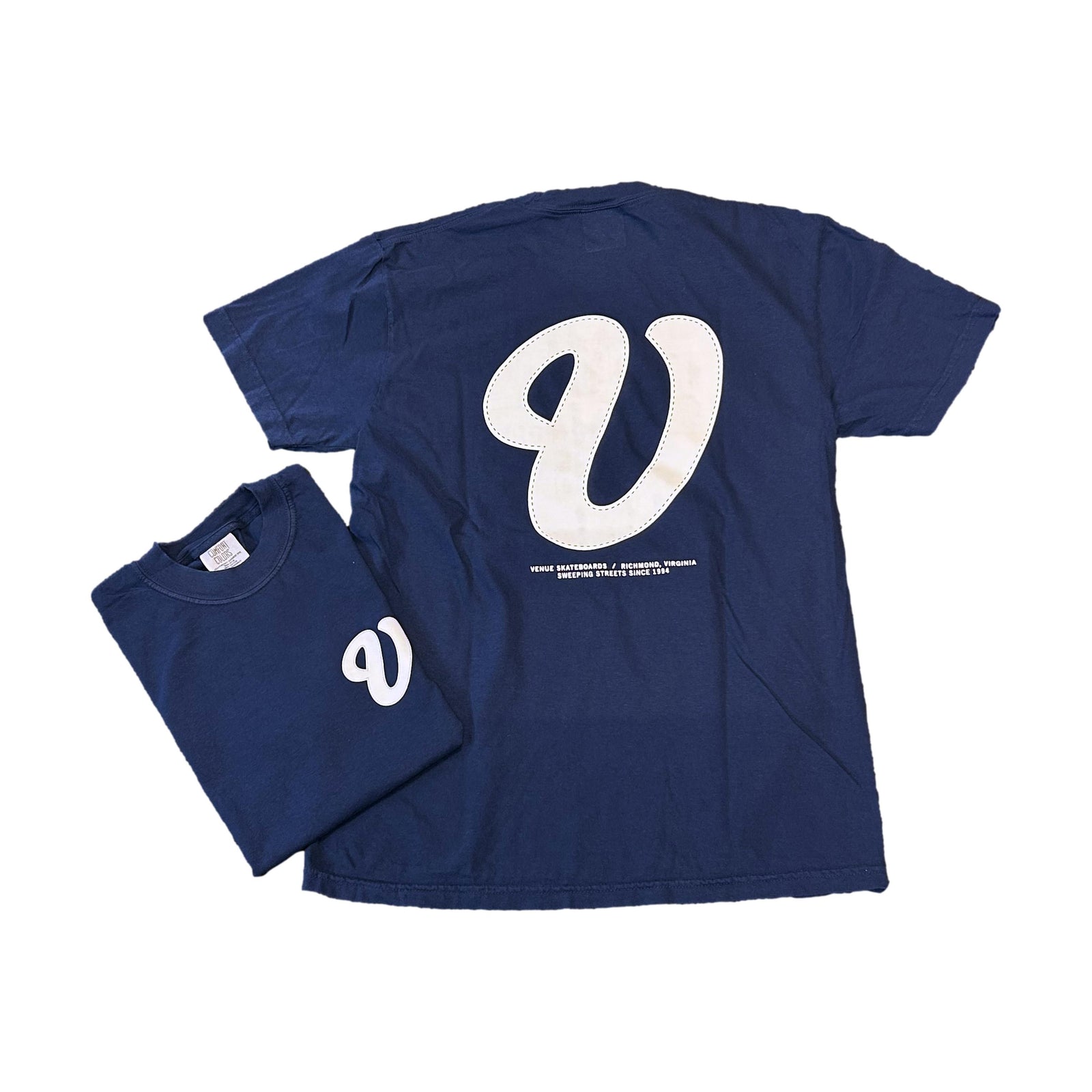Venue Cursive V T-Shirt Navy w/White - Venue Skateboards