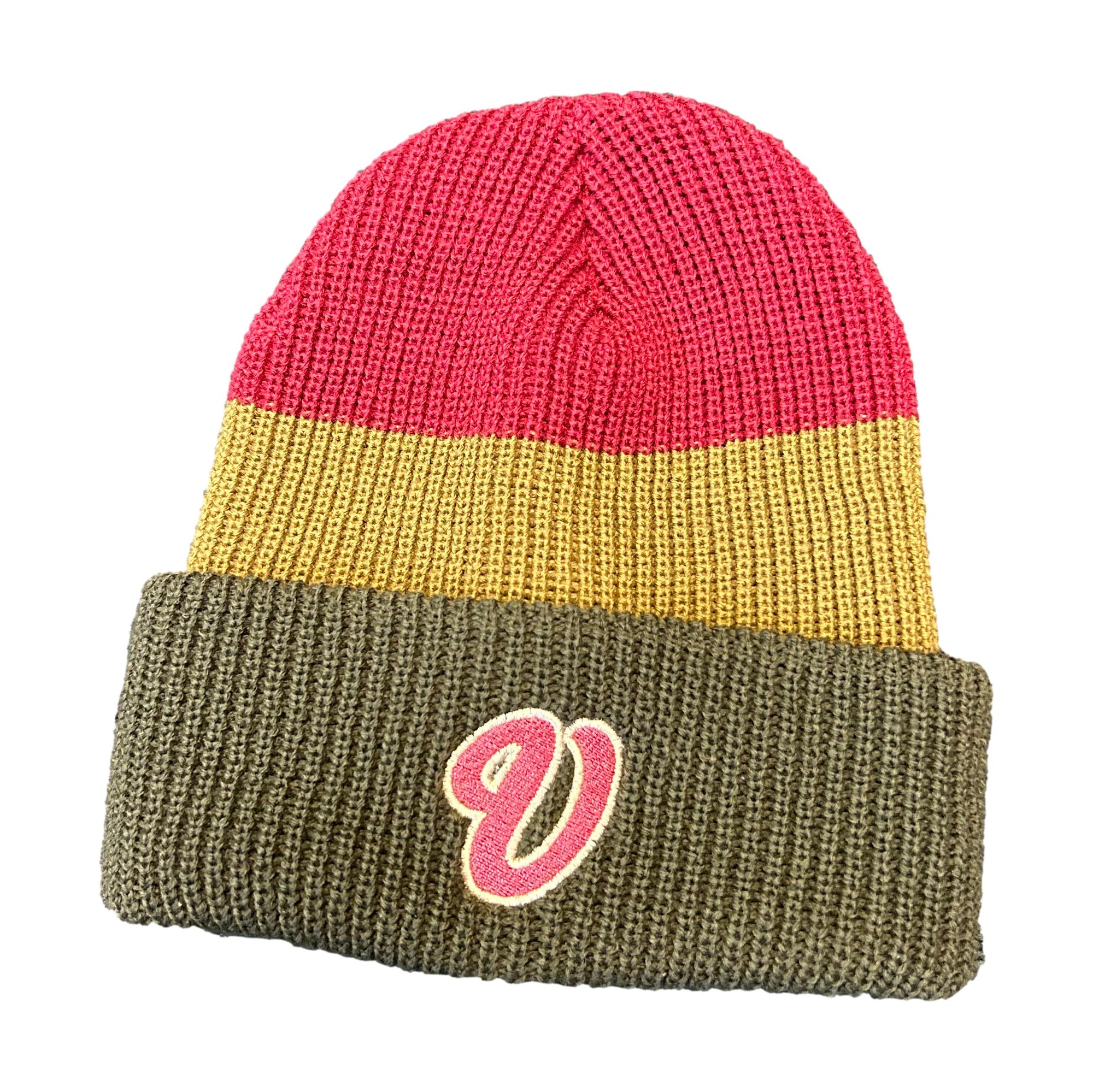 Venue Three Stripe Knit Beanie Sangria/Granola/Military Olive - Venue Skateboards