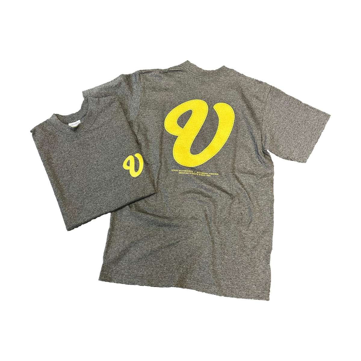 Venue Cursive V T-Shirt Charcoal Grey/Gold - Venue Skateboards