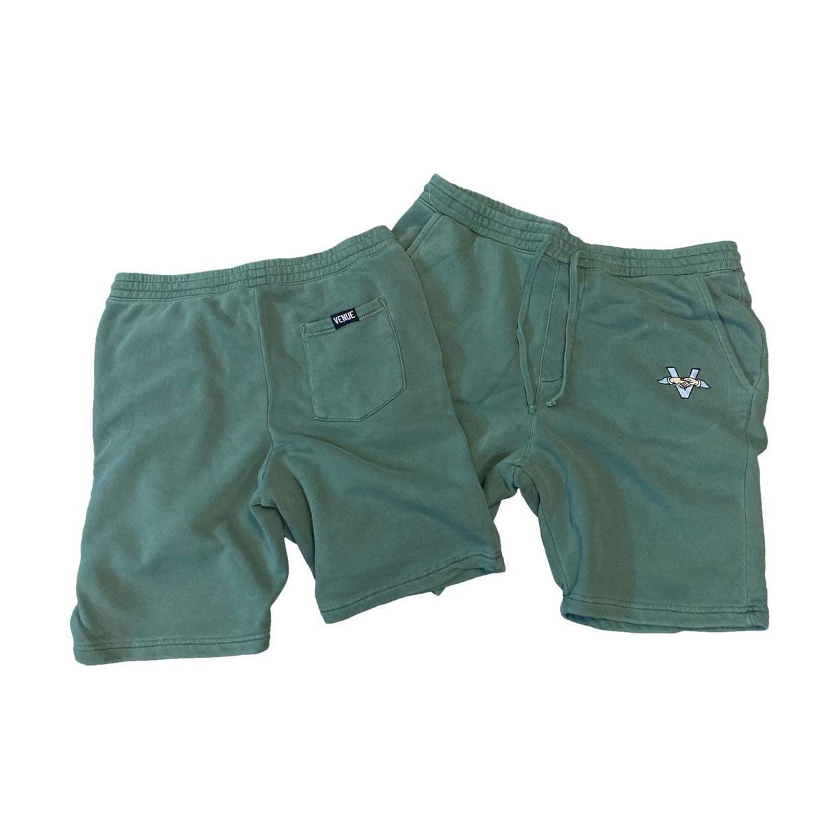 Venue Fleece Shorts Hands Logo - Pigment Dyed Alpine Green - Venue Skateboards