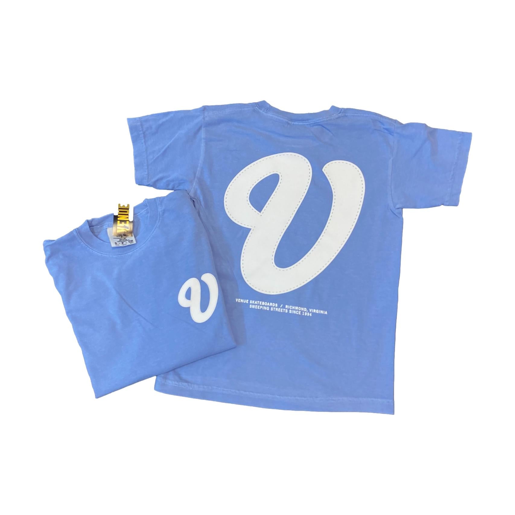 Venue Cursive Logo T-Shirt YOUTH Washed Denim/White - Venue Skateboards