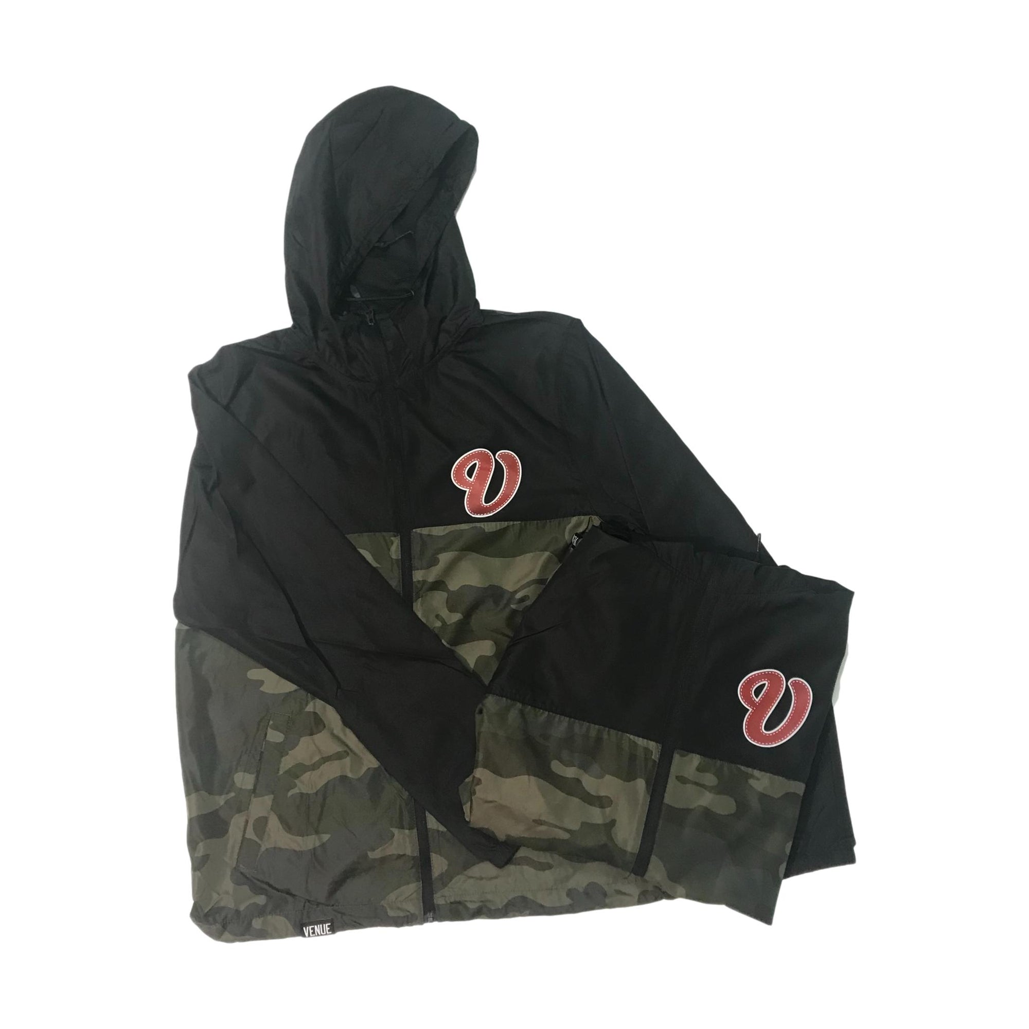 Venue Hooded Zip Windbreaker - Black/Forest Camo w/Red V Logo